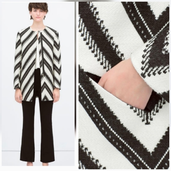 ZARA Women, New, Wool Blend Black White Pattern Longline Coat, Size Small - Picture 13 of 15